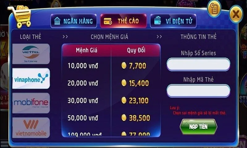 Hướng dẫn game thủ nạp tiền tài xỉu